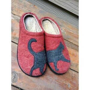 L.L. Bean Daybreak Black Cat Scuffs Slippers Womens Size 9M Red Wool Winter